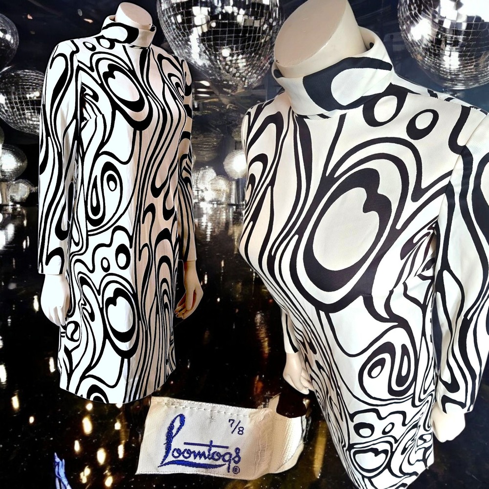 Vintage Mod Black And White Op Art‎ Dress By Loomtogs Sz 7/8